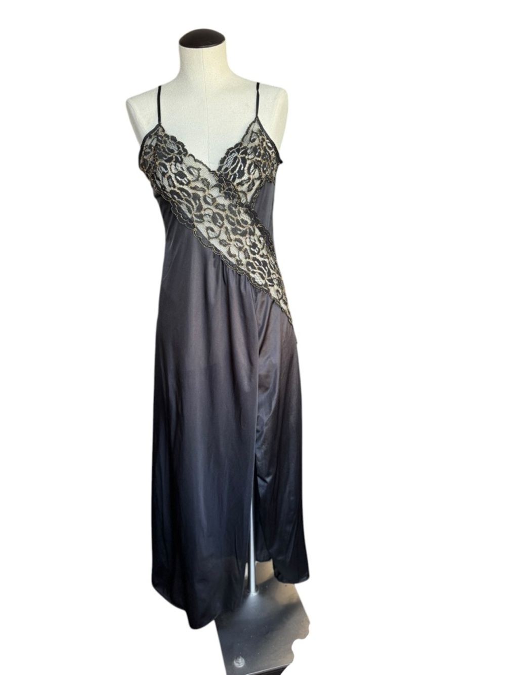 Vintage 70s Vixen Lingerie Black Nightie Peekaboo Metallic Lace Evening